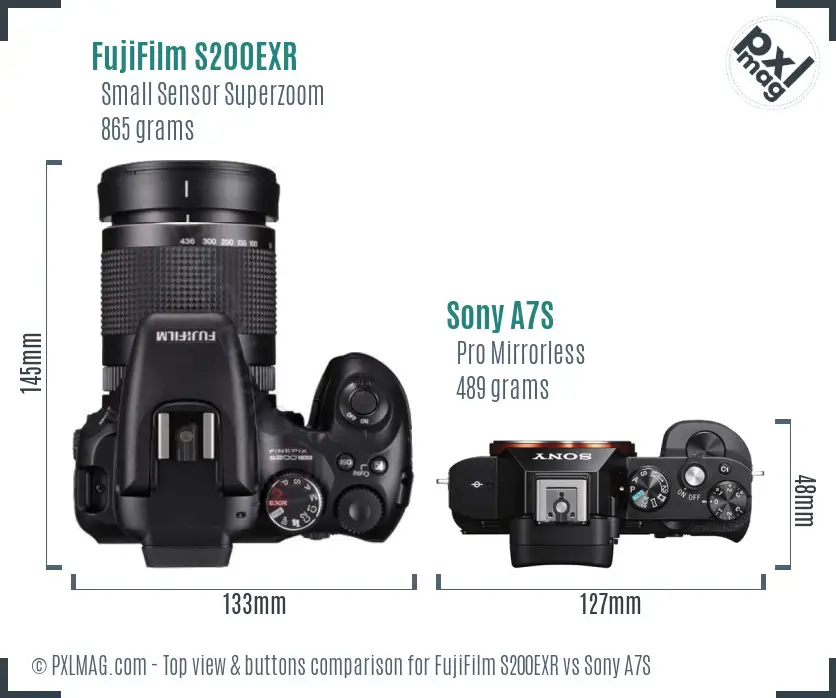 FujiFilm S200EXR vs Sony A7S top view buttons comparison