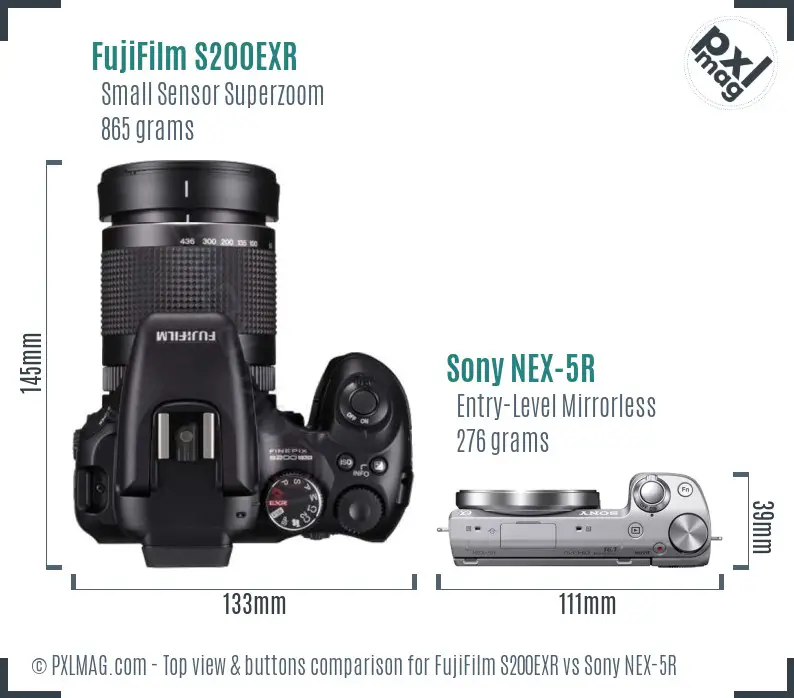 FujiFilm S200EXR vs Sony NEX-5R top view buttons comparison