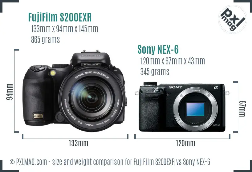 FujiFilm S200EXR vs Sony NEX-6 size comparison