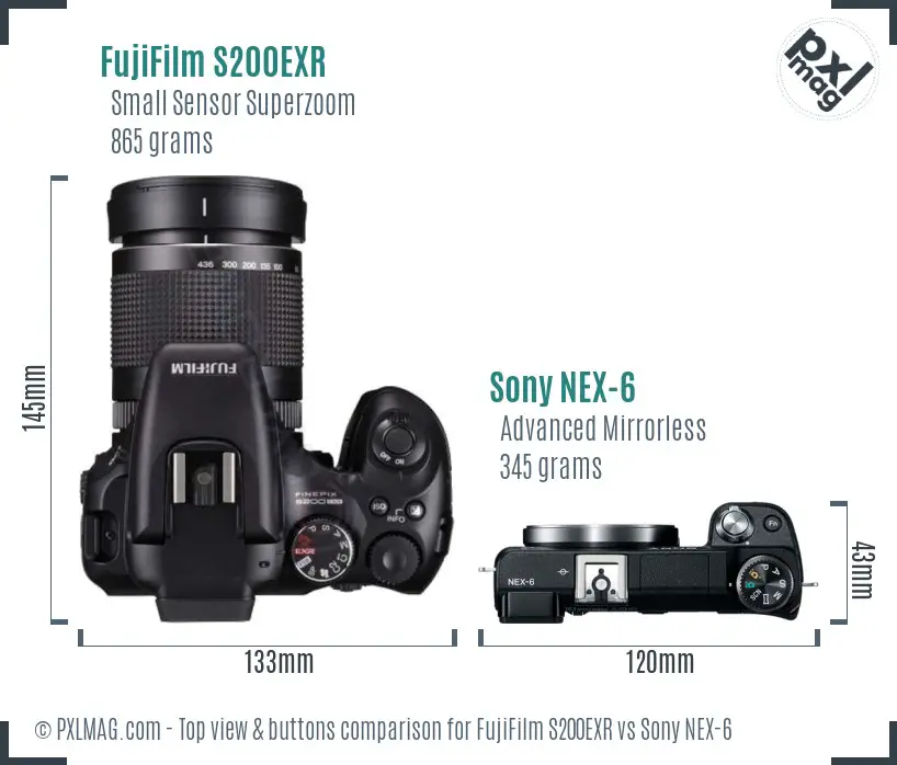 FujiFilm S200EXR vs Sony NEX-6 top view buttons comparison