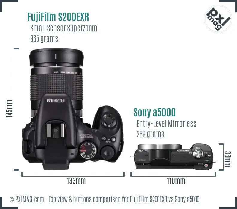 FujiFilm S200EXR vs Sony a5000 top view buttons comparison