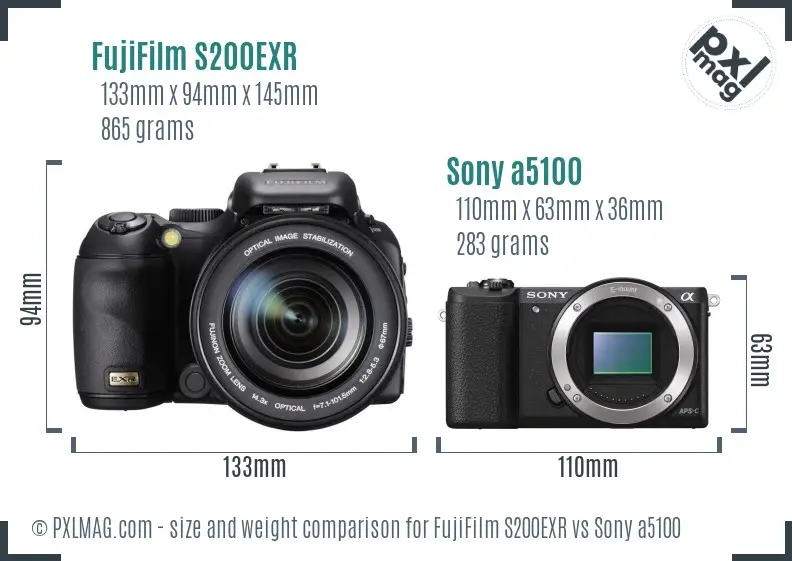 FujiFilm S200EXR vs Sony a5100 size comparison