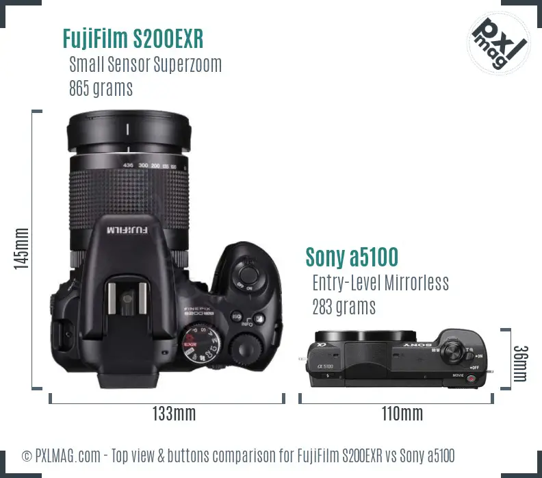 FujiFilm S200EXR vs Sony a5100 top view buttons comparison