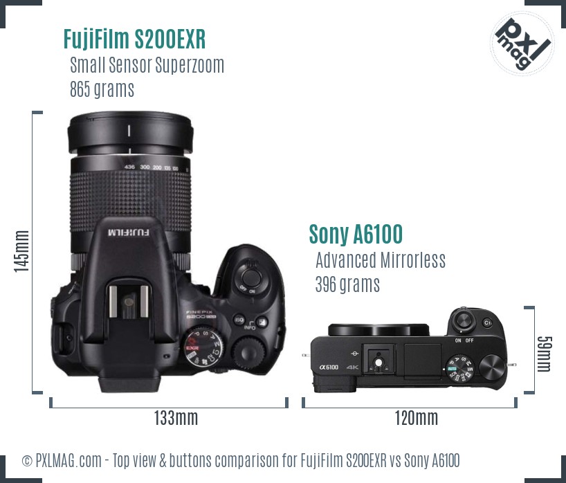 FujiFilm S200EXR vs Sony A6100 top view buttons comparison