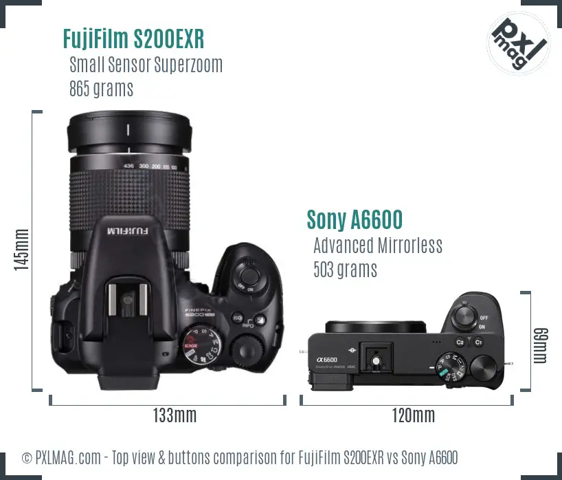 FujiFilm S200EXR vs Sony A6600 top view buttons comparison