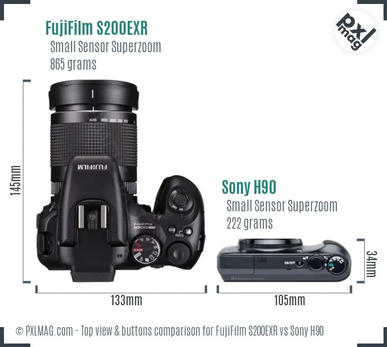 FujiFilm S200EXR vs Sony H90 top view buttons comparison FujiFilm S200EXR vs Sony H90 top view buttons comparison