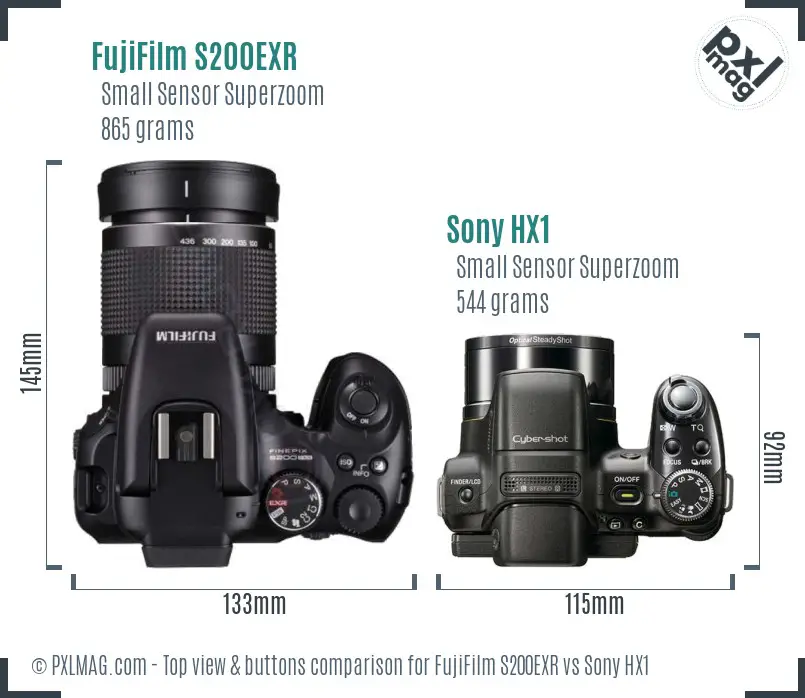 FujiFilm S200EXR vs Sony HX1 top view buttons comparison