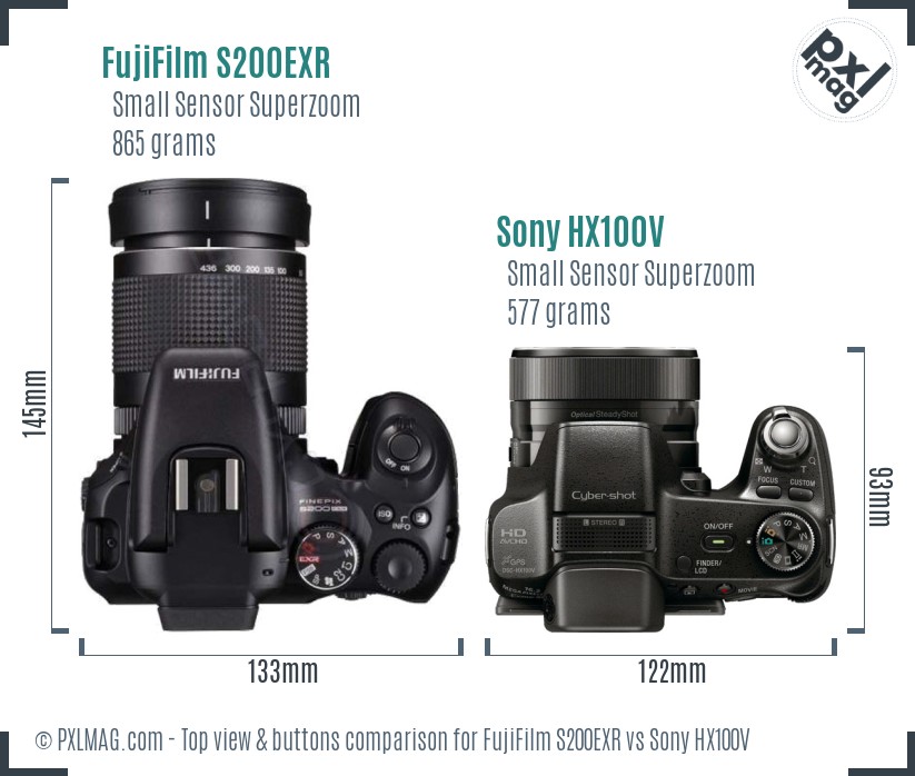 FujiFilm S200EXR vs Sony HX100V top view buttons comparison