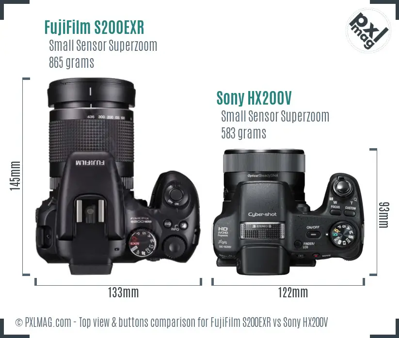 FujiFilm S200EXR vs Sony HX200V top view buttons comparison