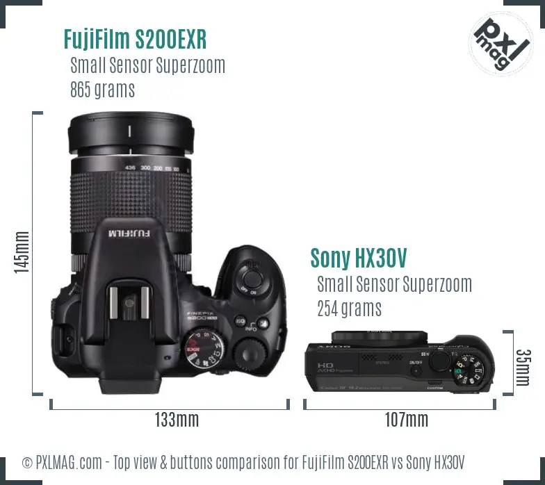 FujiFilm S200EXR vs Sony HX30V top view buttons comparison