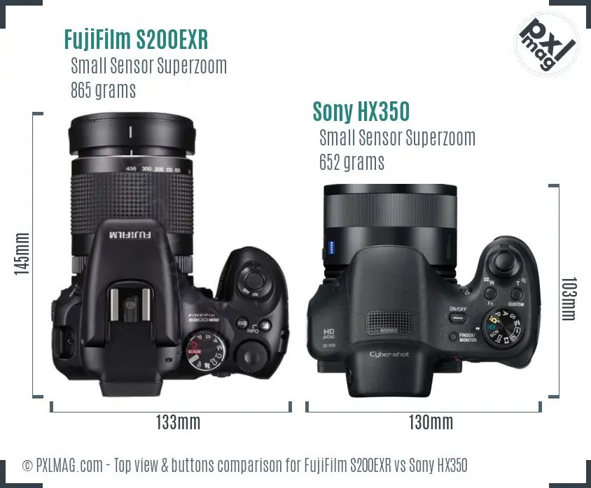 FujiFilm S200EXR vs Sony HX350 top view buttons comparison