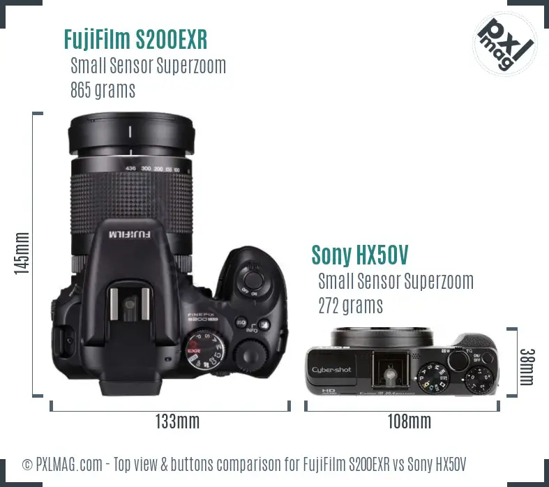 FujiFilm S200EXR vs Sony HX50V top view buttons comparison