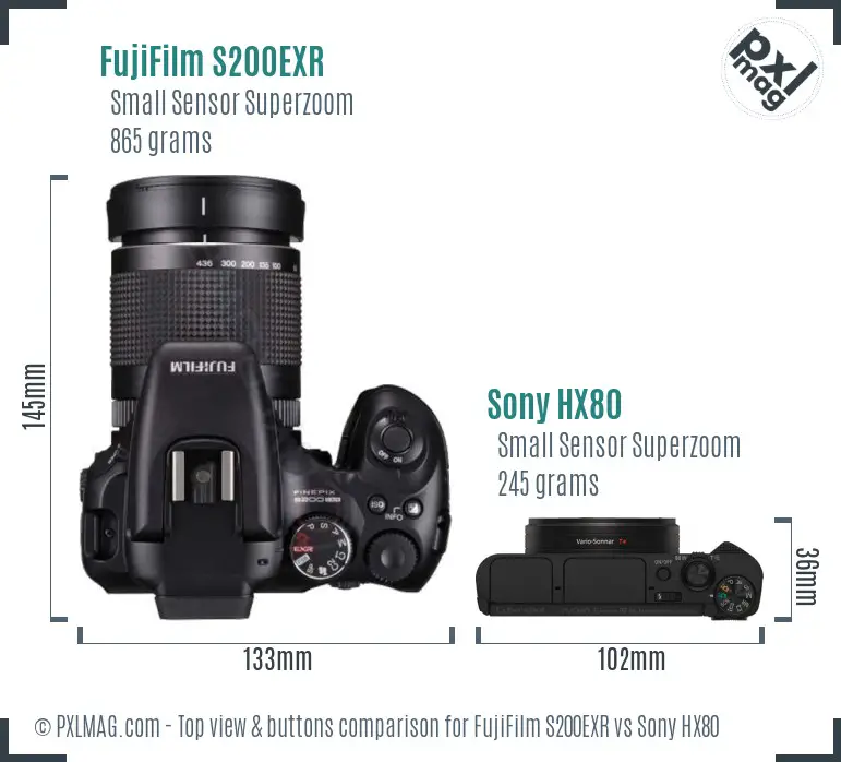 FujiFilm S200EXR vs Sony HX80 top view buttons comparison