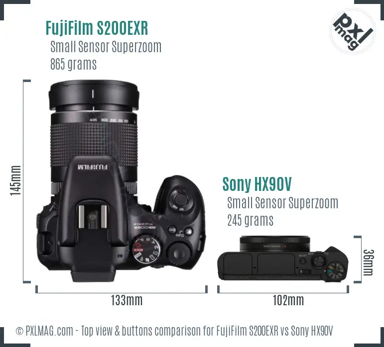 FujiFilm S200EXR vs Sony HX90V top view buttons comparison FujiFilm S200EXR vs Sony HX90V top view buttons comparison
