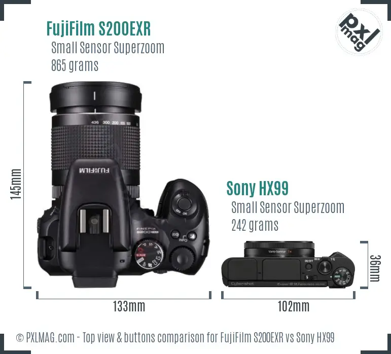 FujiFilm S200EXR vs Sony HX99 top view buttons comparison