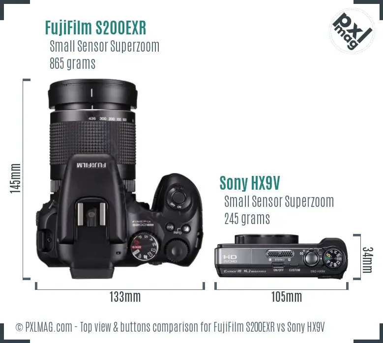 FujiFilm S200EXR vs Sony HX9V top view buttons comparison