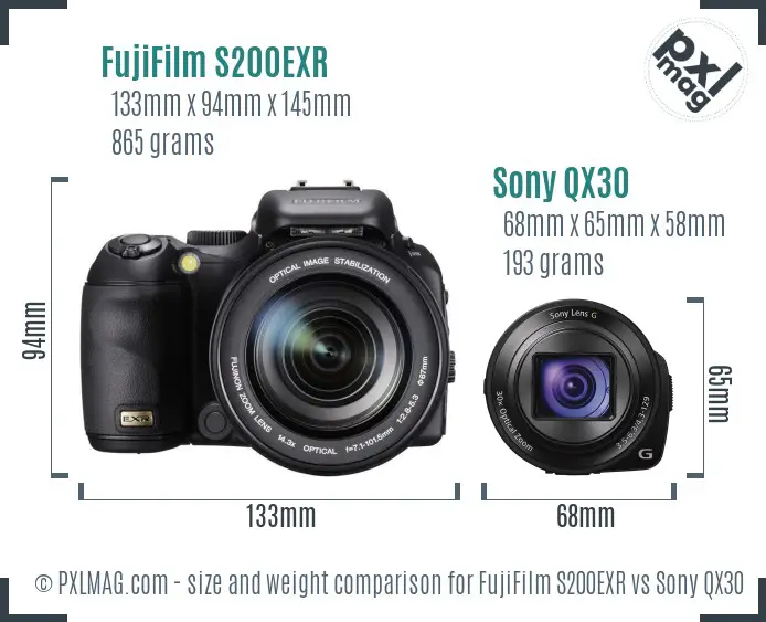 FujiFilm S200EXR vs Sony QX30 size comparison