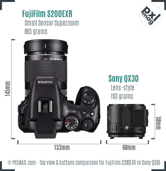 FujiFilm S200EXR vs Sony QX30 top view buttons comparison