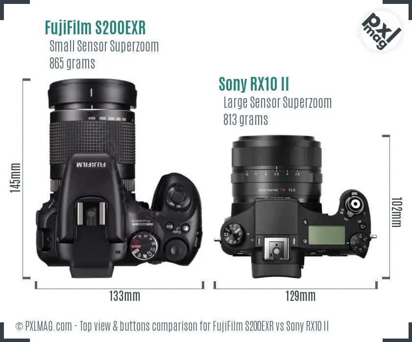 FujiFilm S200EXR vs Sony RX10 II top view buttons comparison