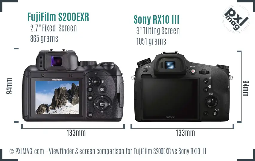 FujiFilm S200EXR vs Sony RX10 III Screen and Viewfinder comparison