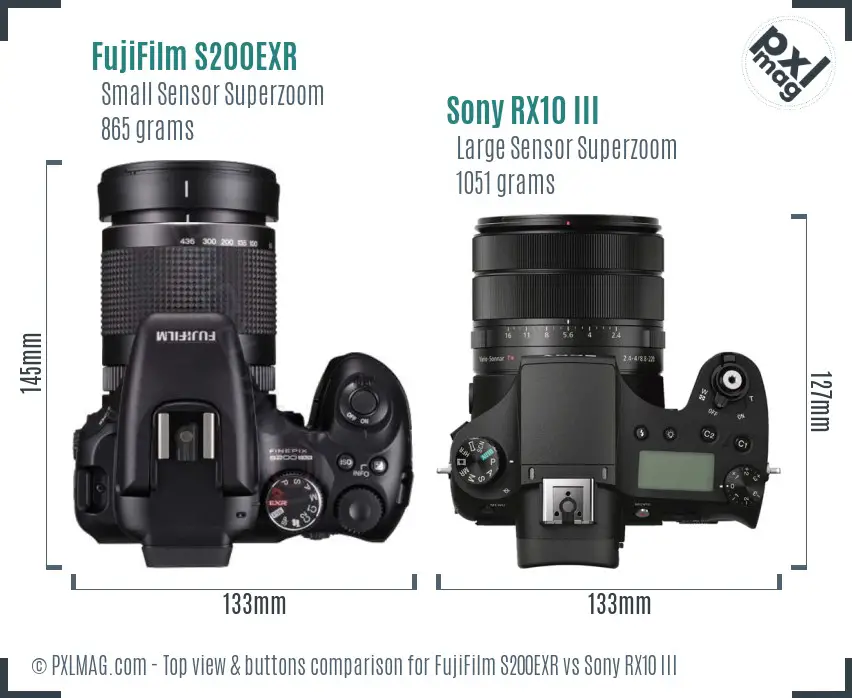 FujiFilm S200EXR vs Sony RX10 III top view buttons comparison