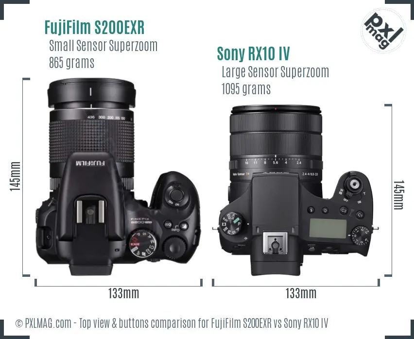 FujiFilm S200EXR vs Sony RX10 IV top view buttons comparison
