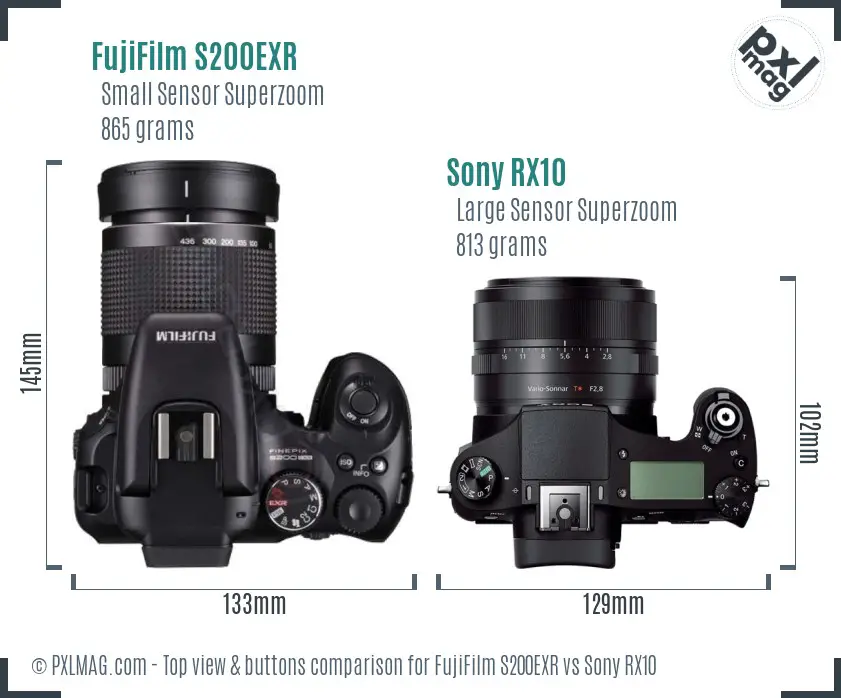 FujiFilm S200EXR vs Sony RX10 top view buttons comparison