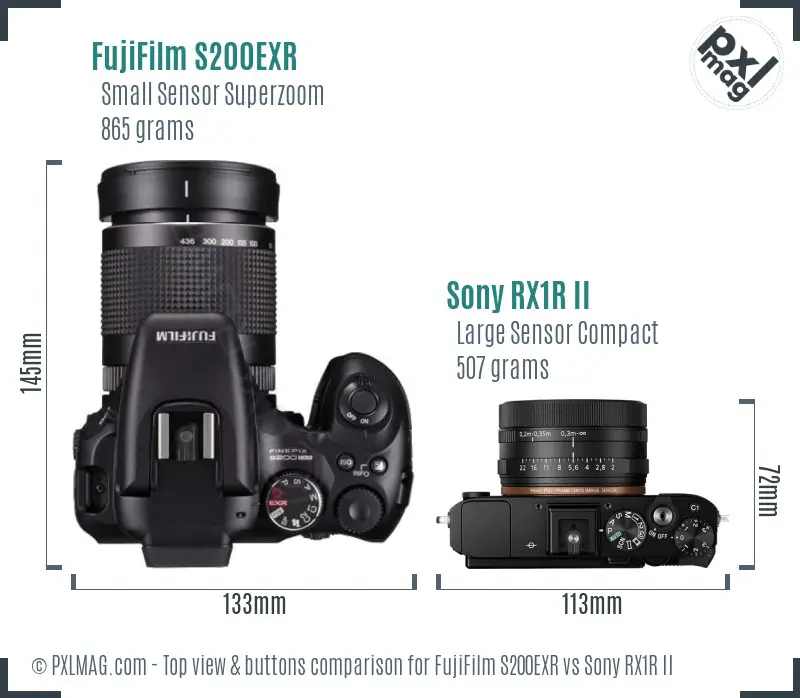 FujiFilm S200EXR vs Sony RX1R II top view buttons comparison