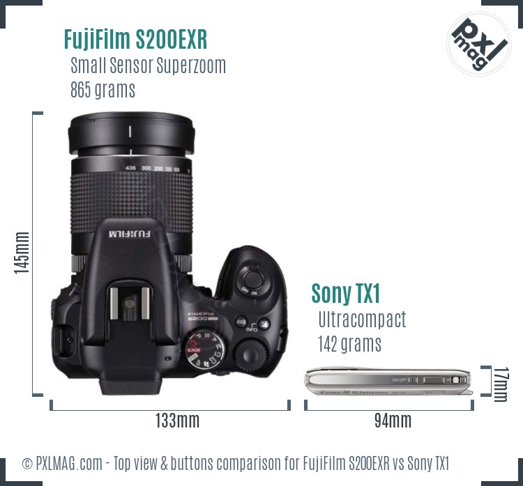 FujiFilm S200EXR vs Sony TX1 top view buttons comparison