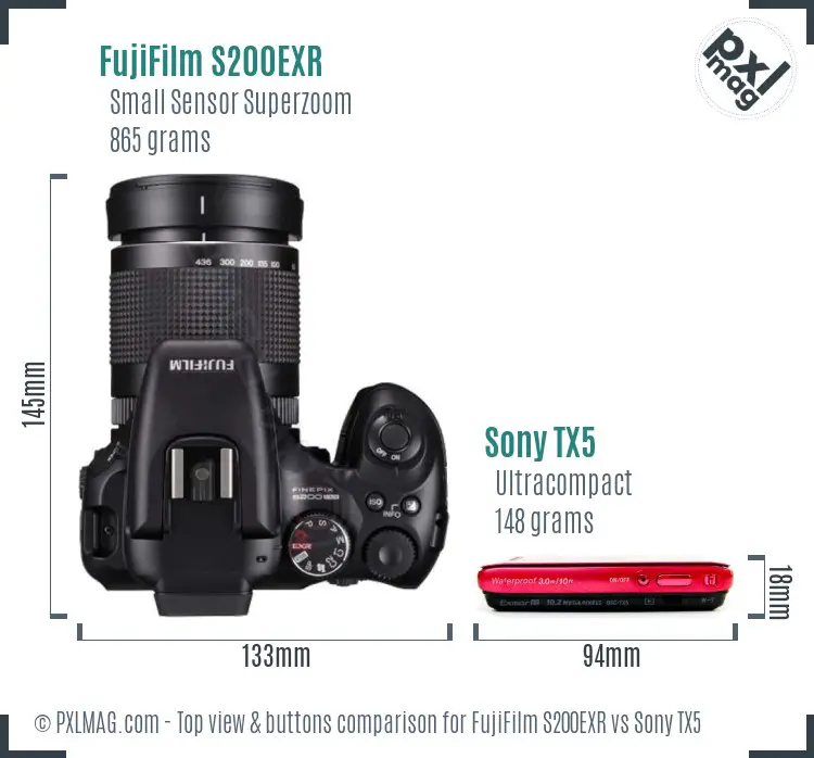 FujiFilm S200EXR vs Sony TX5 top view buttons comparison FujiFilm S200EXR vs Sony TX5 top view buttons comparison