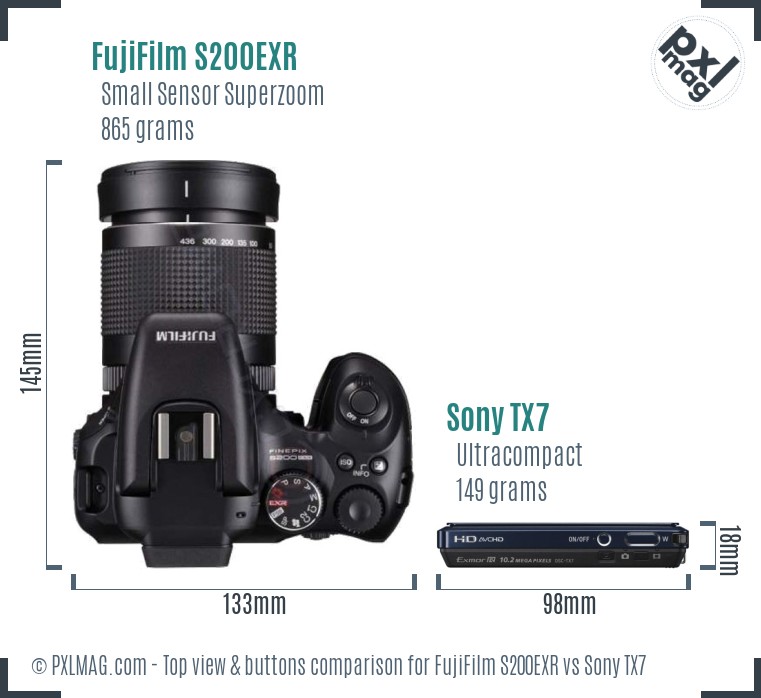 FujiFilm S200EXR vs Sony TX7 top view buttons comparison