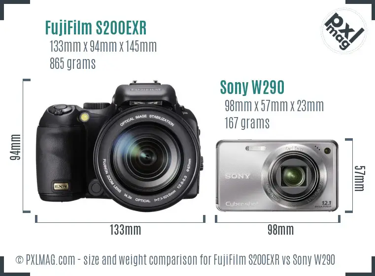 FujiFilm S200EXR vs Sony W290 size comparison