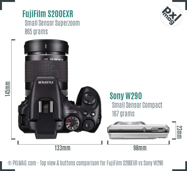 FujiFilm S200EXR vs Sony W290 top view buttons comparison