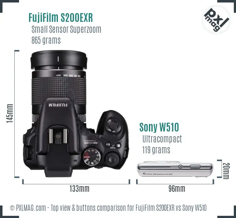 FujiFilm S200EXR vs Sony W510 top view buttons comparison FujiFilm S200EXR vs Sony W510 top view buttons comparison