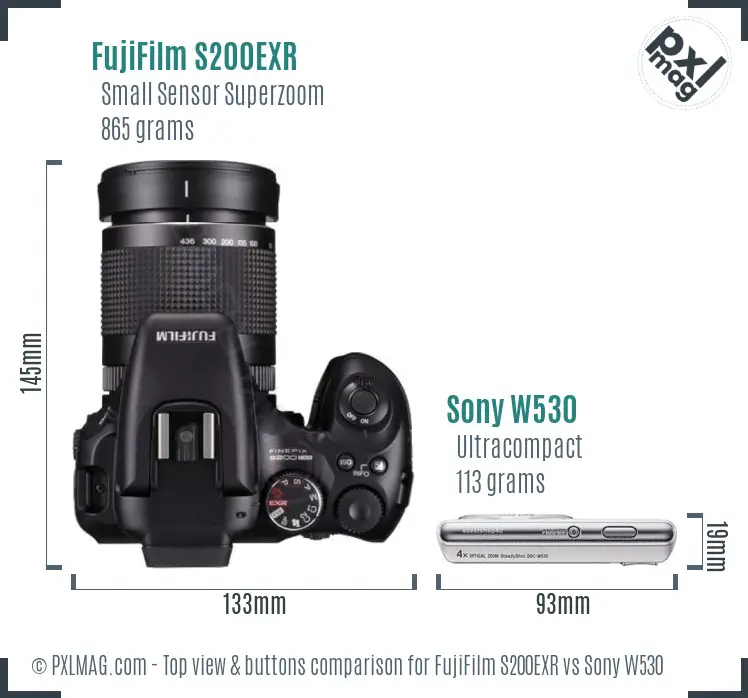 FujiFilm S200EXR vs Sony W530 top view buttons comparison