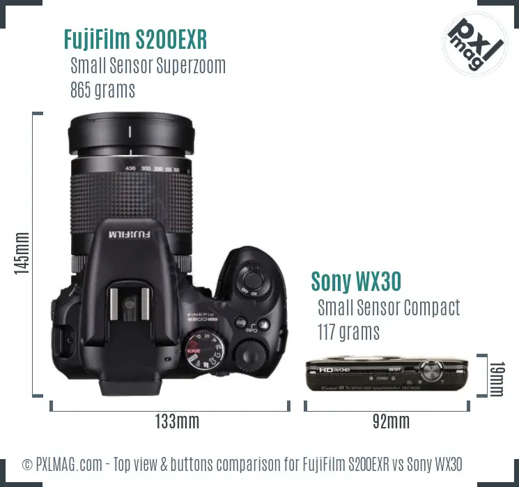 FujiFilm S200EXR vs Sony WX30 top view buttons comparison