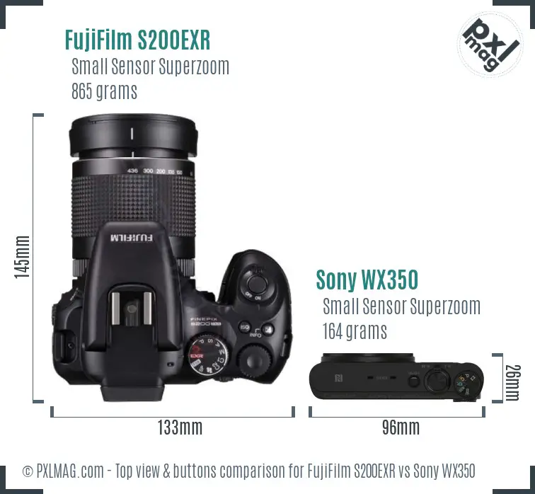 FujiFilm S200EXR vs Sony WX350 top view buttons comparison