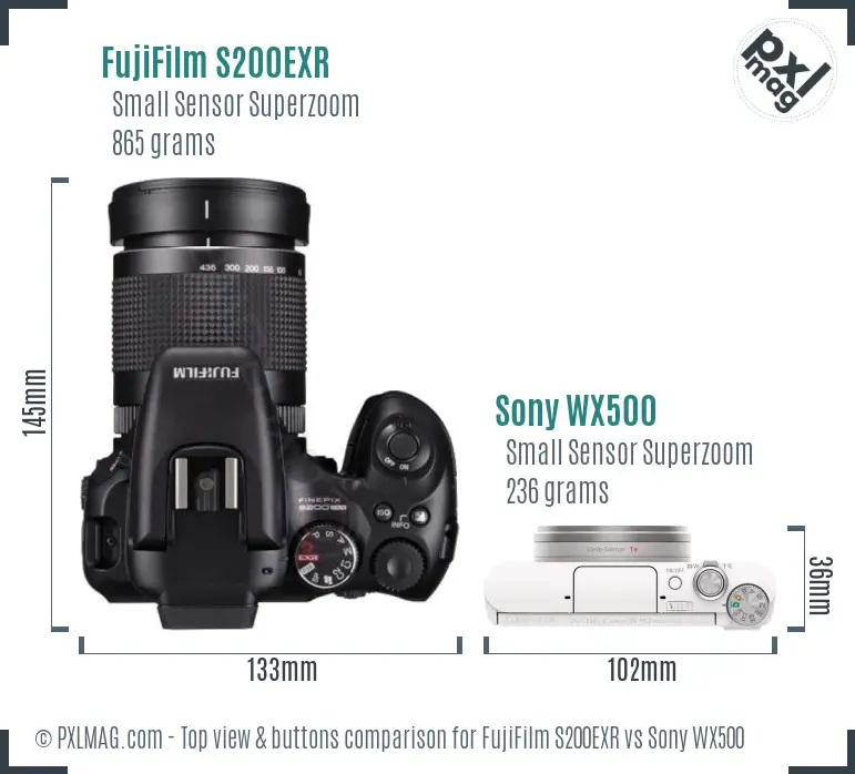 FujiFilm S200EXR vs Sony WX500 top view buttons comparison