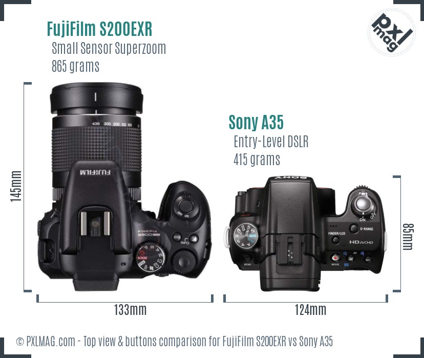 FujiFilm S200EXR vs Sony A35 top view buttons comparison