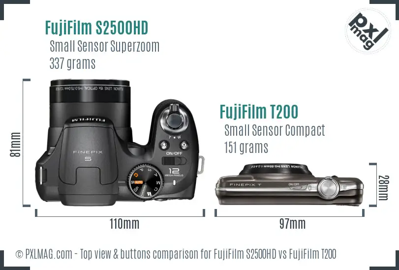 FujiFilm S2500HD vs FujiFilm T200 top view buttons comparison FujiFilm S2500HD vs FujiFilm T200 top view buttons comparison