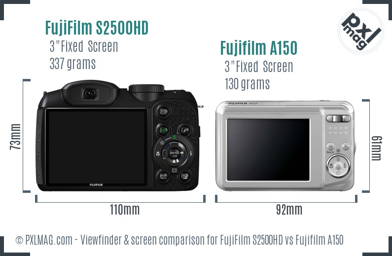 FujiFilm S2500HD vs Fujifilm A150 Screen and Viewfinder comparison