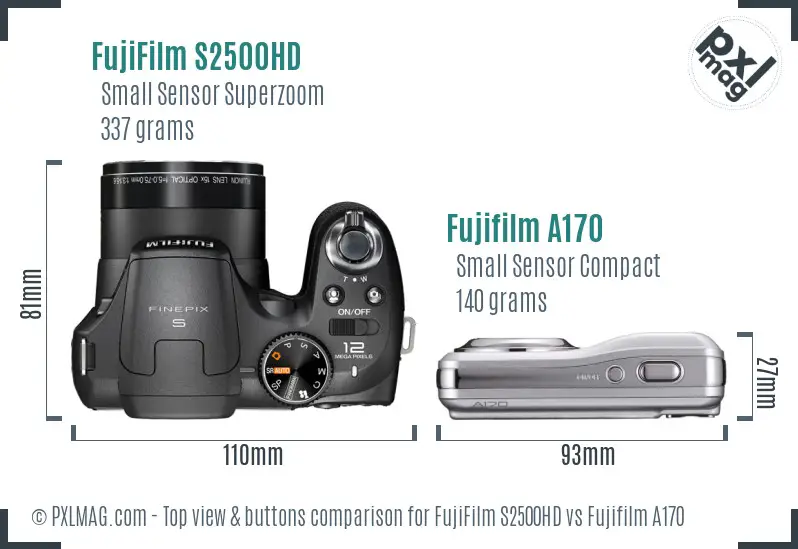 FujiFilm S2500HD vs Fujifilm A170 top view buttons comparison