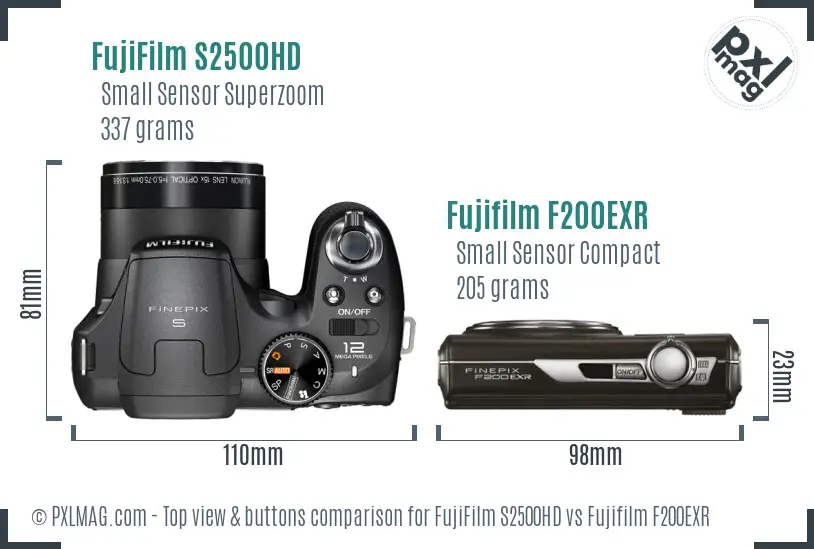 FujiFilm S2500HD vs Fujifilm F200EXR top view buttons comparison