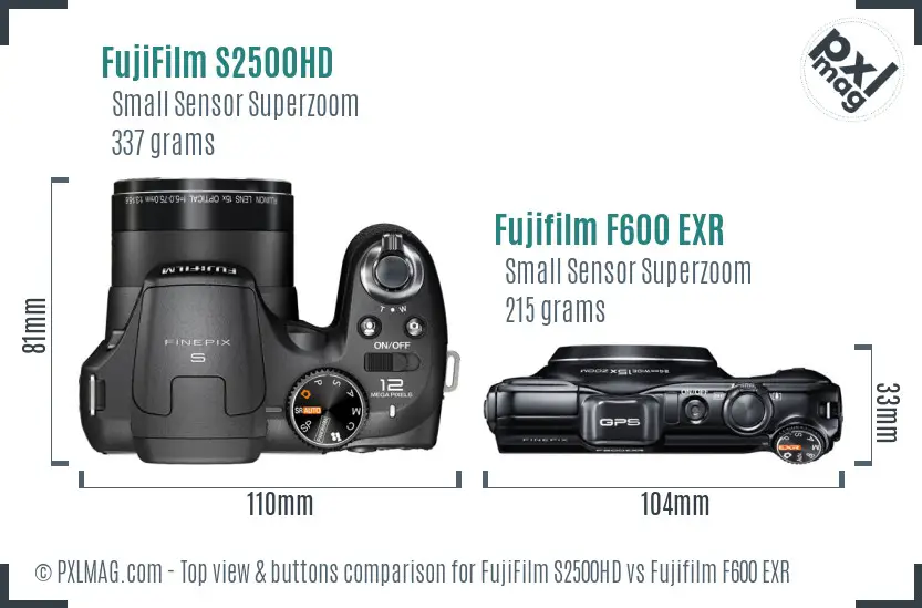FujiFilm S2500HD vs Fujifilm F600 EXR top view buttons comparison