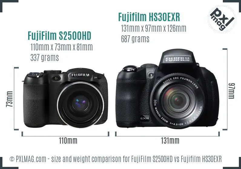 FujiFilm S2500HD vs Fujifilm HS30EXR size comparison