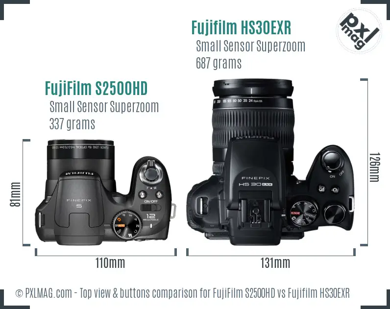 FujiFilm S2500HD vs Fujifilm HS30EXR top view buttons comparison