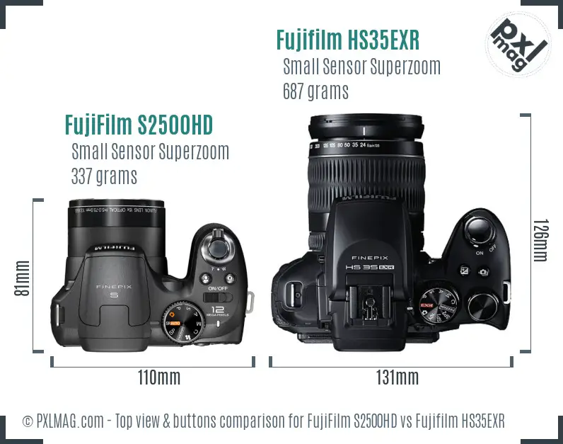 FujiFilm S2500HD vs Fujifilm HS35EXR top view buttons comparison