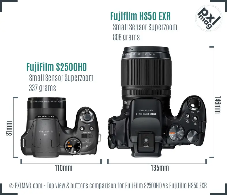 FujiFilm S2500HD vs Fujifilm HS50 EXR top view buttons comparison