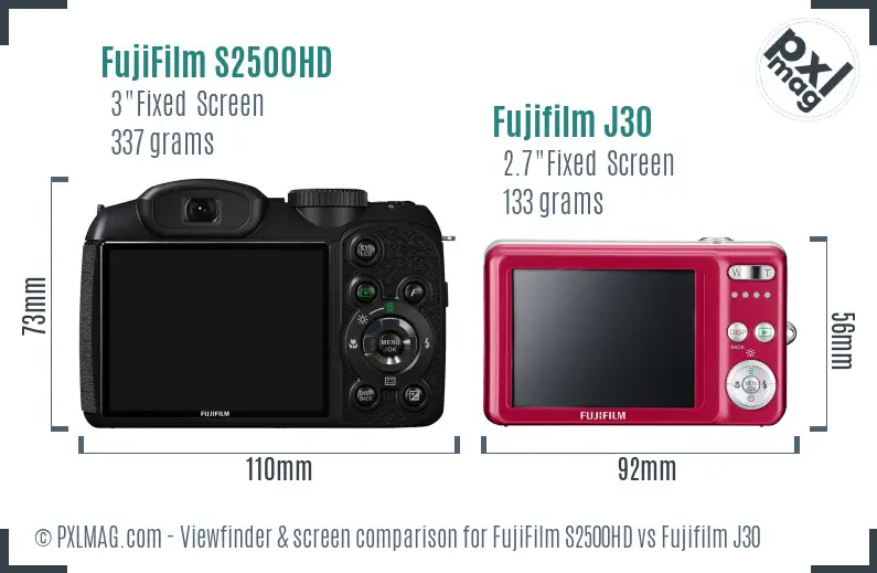 FujiFilm S2500HD vs Fujifilm J30 Screen and Viewfinder comparison
