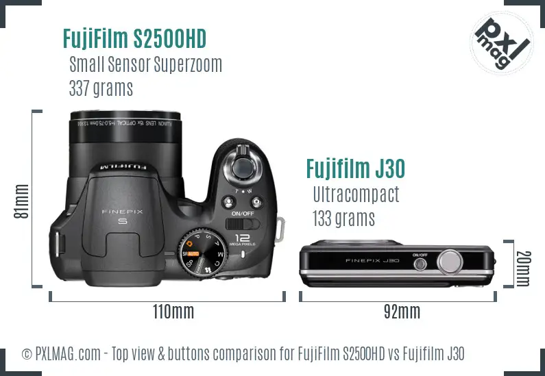 FujiFilm S2500HD vs Fujifilm J30 top view buttons comparison